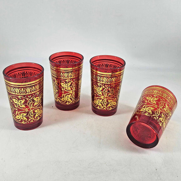 Set of 4 Moroccan Tea Glasses Red Gold Ornate Scrolls Paisley - Picture 4 of 5